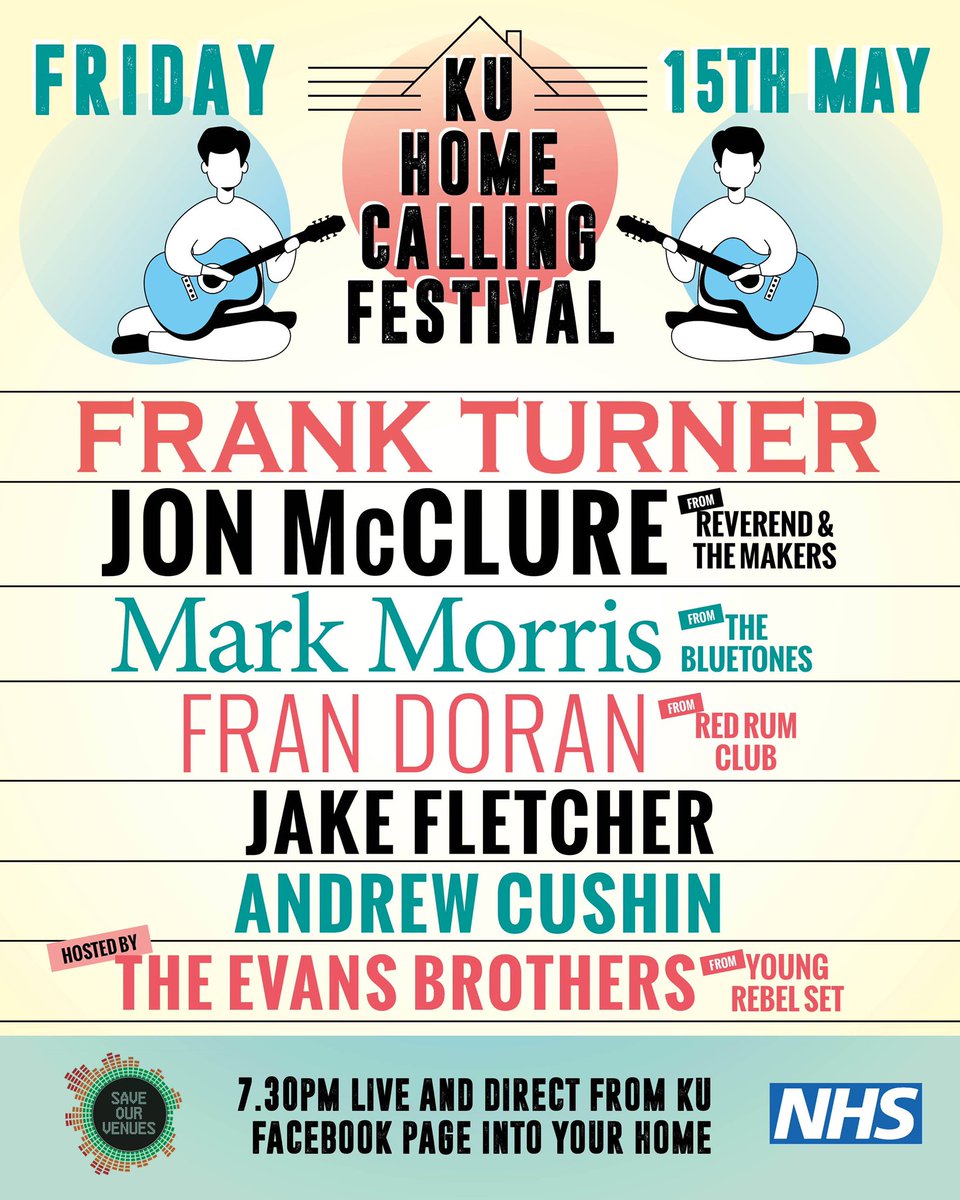 This Friday tune into KU Facebook page at 7.30pm. We have some amazing artists playing live and direct turning your home into a festival for a a joint fundraiser for NHS and #saveourvenues campaign set up by <a href="/musicvenuetrust/">Music Venue Trust</a> to help the UK’s grass routes music venues