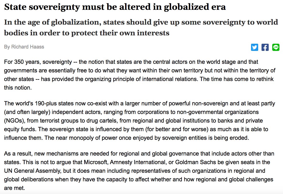 69) Richard Haass, current president of the CFR (and Trump advisor), expanded on the idea of a one-world government in his 2006 article “State sovereignty must be altered in globalized era.” http://www.taipeitimes.com/News/editorials/archives/2006/02/21/2003294021