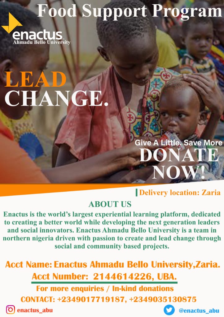 enactus_abu's tweet photo. We're starting a campaign to distribute food to the less privileged families in Zaria. Due to the lockdown lots of homes are experiencing hunger,  your donations can be in cash or in kind donate today and make a difference. #Enactusabufoodsupportprogram  #enactuscares @GovKaduna https://t.co/Y2d125m3fO
