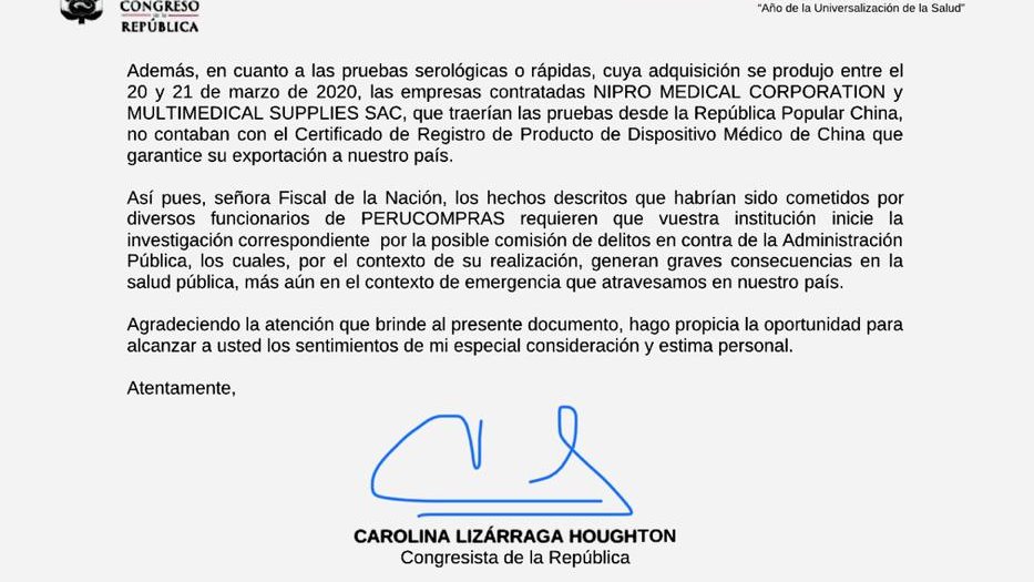 danielyovera's tweet photo. Denuncia de la congresista Carolina Lizárra a funcionarios de Perú Compras:
Los nombres de los denunciados y parte de los hechos señalados: https://t.co/Qe2OqytetU