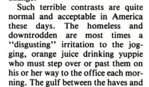 In a trope I see a LOT in 1980s press, African-American pub The Crisis describes race-class inequality in the US as typified by the (presumably white) yuppie jogger “disgusted” inconvenienced by the (presumably Black) homeless (1985)/7