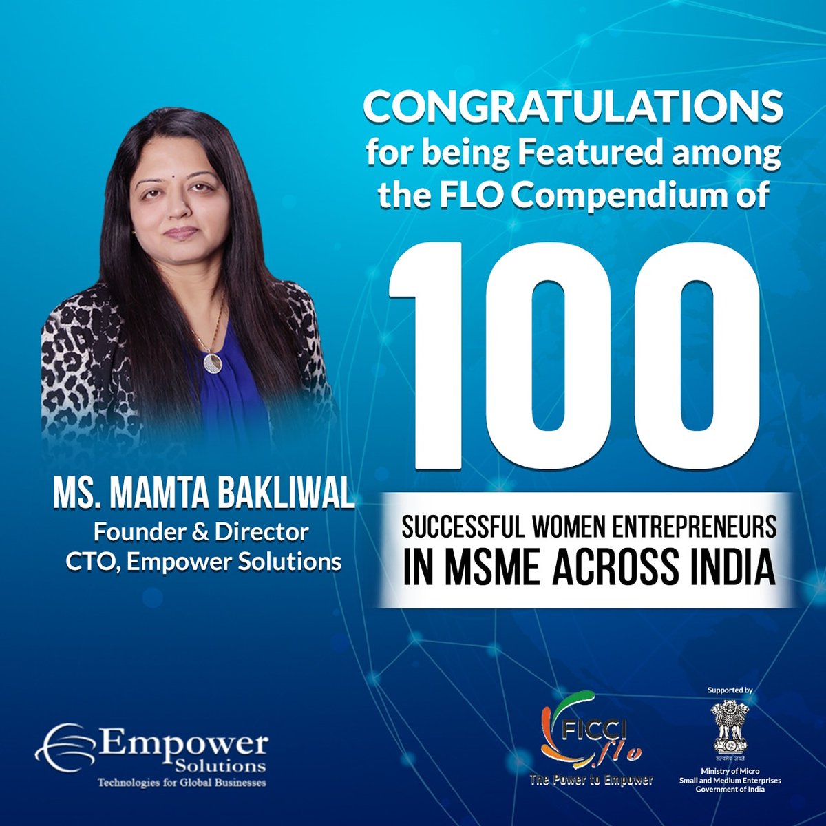 Heartiest congratulation to Ms. Mamta Bakliwal Founder & Director CTO of  #Empowersolutions an STPI registered unit for being featured among the #FLO compendium of 100 successful #womenentrepreneurs in #MSME

@stpiindia @Omkar_Raii @DeveshTyagii @purnmoon @STPINoida #womenintech