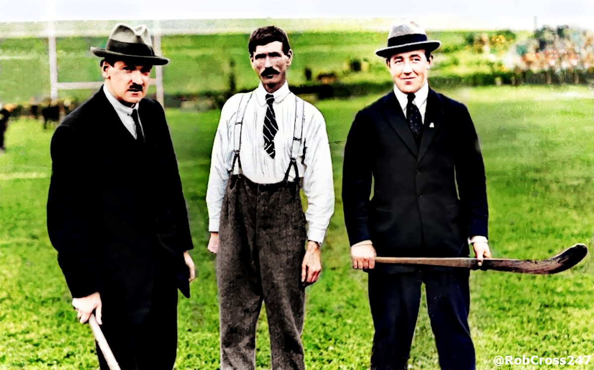 Bringing #Ireland's History to Life. 🇮🇪
My restored and colourised 11th of September 1921 photo featuring Michael Collins, Mr. Dunphy, and Harry Boland 
at the Leinster Hurling Final in Croke Park where #Dublin beat #Kilkenny 4-4 to 1-5 in front of 17,000 spectators.
#DeOldify