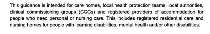 The  equivalent is this  https://www.gov.uk/government/publications/coronavirus-covid-19-admission-and-care-of-people-in-care-homes which "is intended for care homes, local health protection teams, local authorities, clinical commissioning groups (CCGs) and registered providers of accommodation for people who need personal or nursing care".