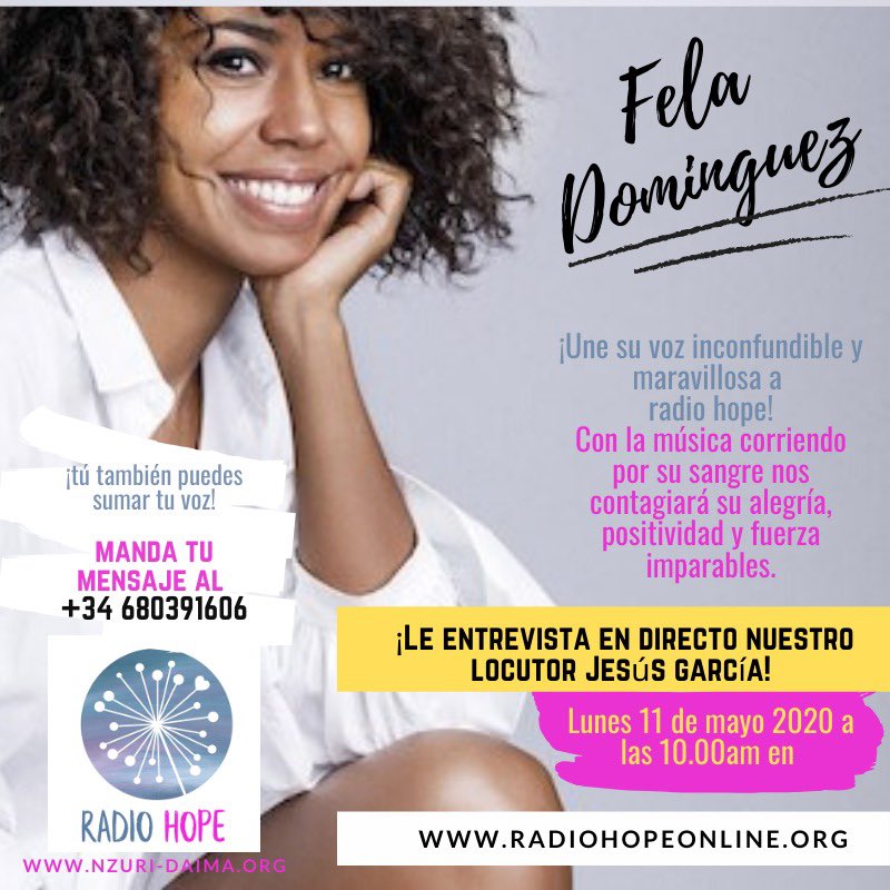 NzuriDaima's tweet photo. El próximo lunes 11 de mayo a las 10 #sintonizaRadioHope para disfrutar de la entrevista a @FelaDominguezEs de la mano de @jesusodos . Nos cantarán algo???
Dejad vuestros mensajes y preguntas 
☎️+34680391606
#RadioHope #NzuriDaima #LaMúsicaNosUne #UniendoLatidos https://t.co/f2xT3Hi1e5