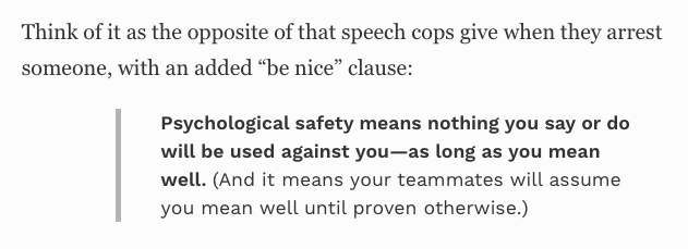 JonHaidt's tweet photo. Psychological safety is an important concept for organizations. But how do you get it, without going too far, into safetyism? Here's a really helpful answer, from @shanesnow 
https://t.co/m2zY0MDRzS https://t.co/3pCAoT8fMe