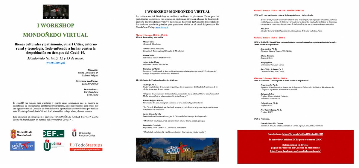 ℹ️ ❗WORKSHOP MONDOÑEDO VIRTUAL ❗
Teleconferencias sobre cultura, historia, patrimonio, smart cities, entorno rural e tecnoloxía, todo enfocado para loitar contra a despoboación en tempos de pandemia. 

Terán lugar o 12 e 13 de maio pola canle de YouTube de MondoñedoValley.