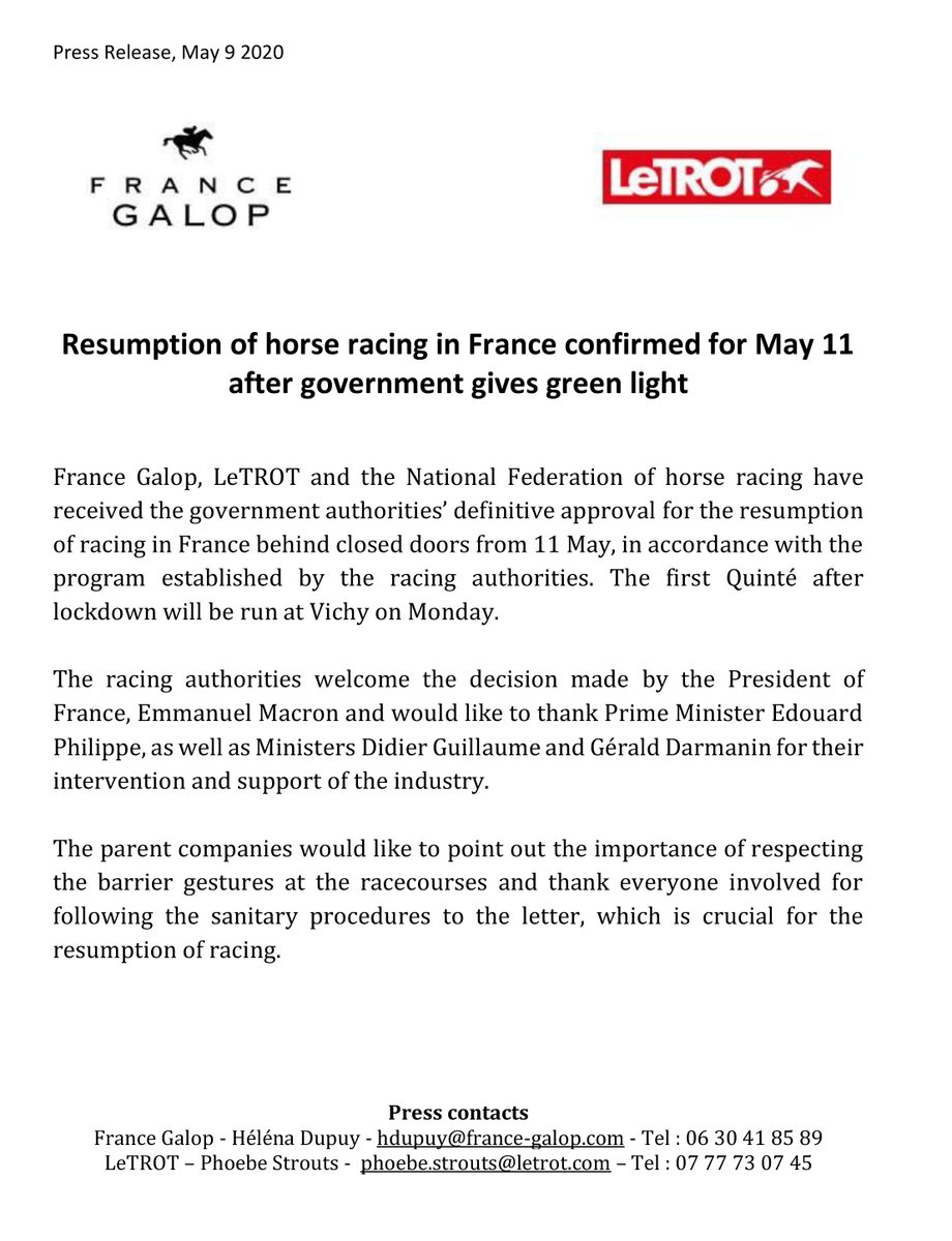 🔴 Resumption of horse racing in France confirmed for May 11 after government gives green light ⤵️