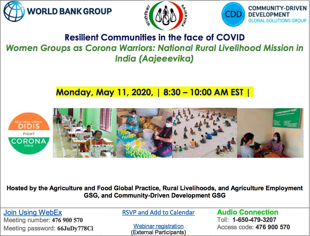 MoRD_GoI's tweet photo. @MoRD_GOI invites you for a webinar jointly organized by @WorldBankIndia on Resilient Communities in the face of COVID: #SHGDidisFightCovid19 @DAY_NRLM in India on May 11, 2020 from 6 - 7:30 PM IST. Presentations by National &amp; State Mission teams
Details: https://t.co/tQmUJZYzzm https://t.co/UH4uFwRomk