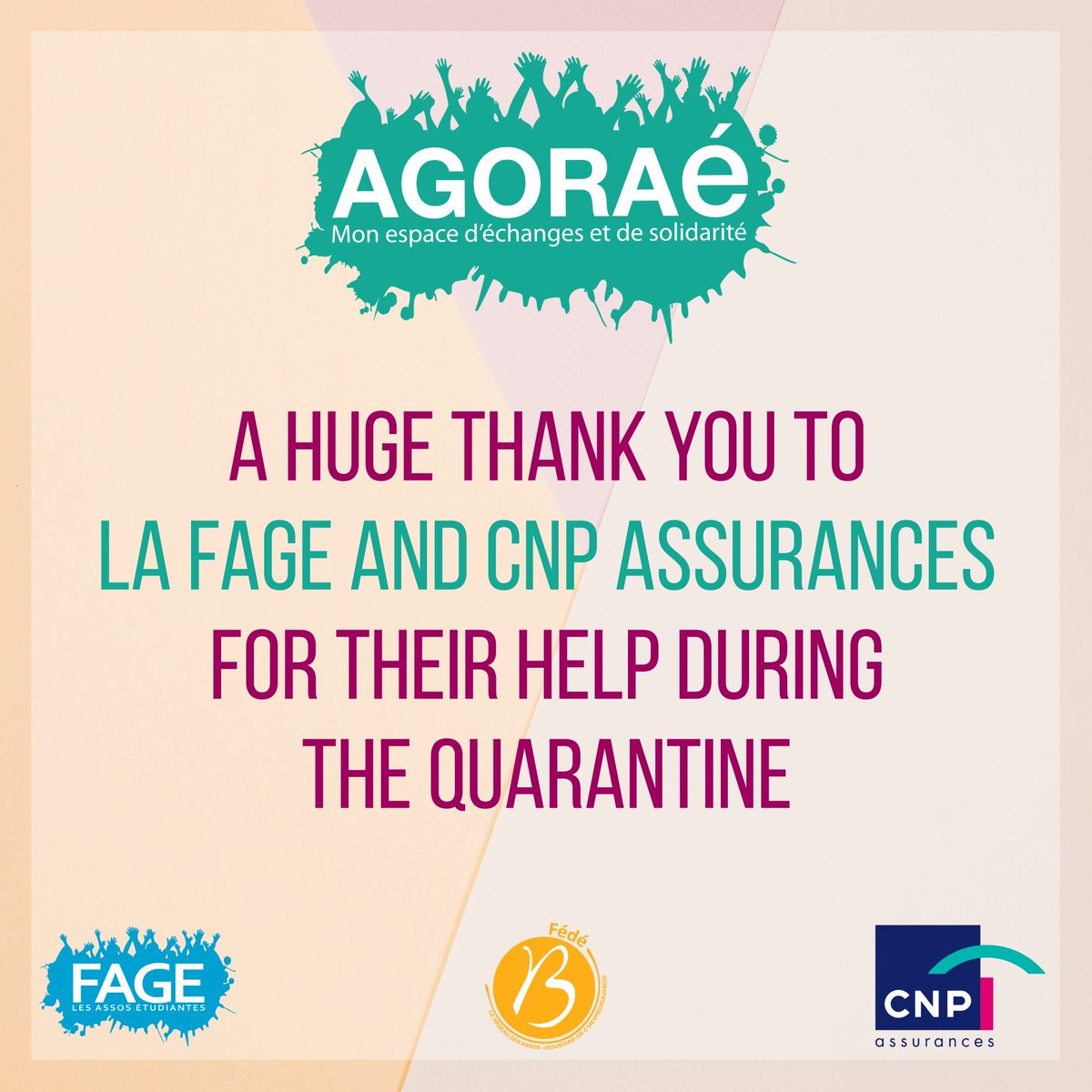 Au nom de toute l'équipe de l'AGORAé et des bénéficiaires, nous tenions à remercier <a href="/La_FAGE/">FAGE</a> et <a href="/CNP_Assurances/">CNP Assurances</a> pour l'aide apportée durant la confinement. 

We would like to thank the FAGE and CNP Assurances for the help during the quarantine.