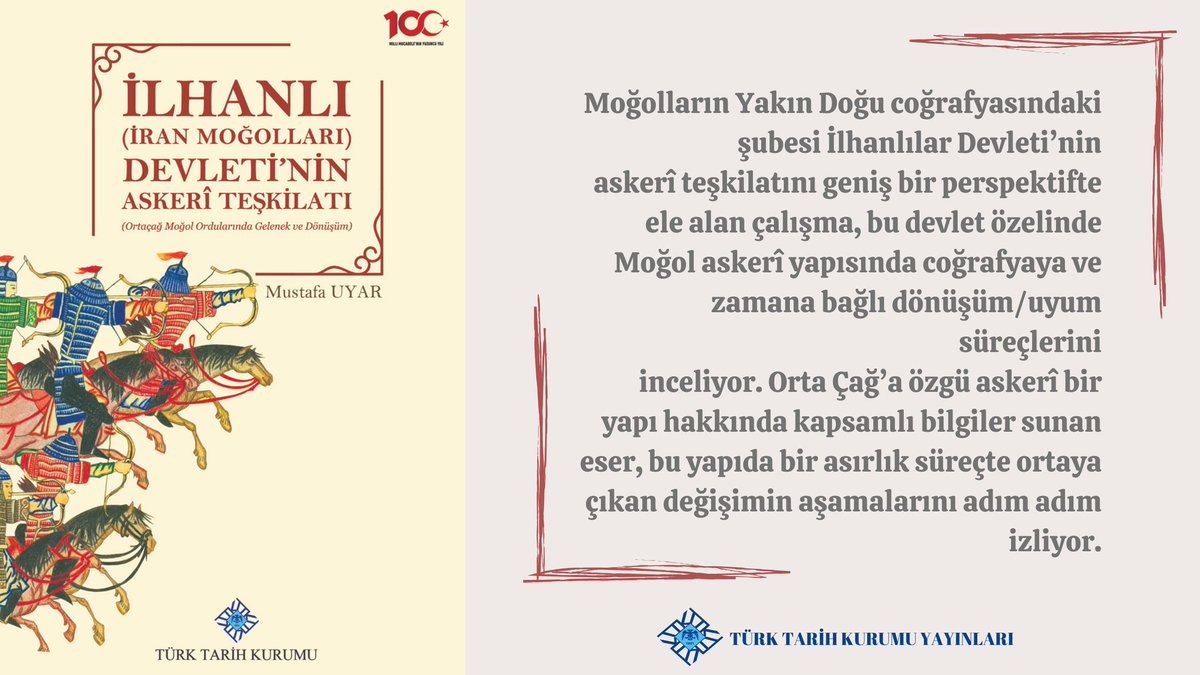 ttkgovtr's tweet image. Yeni Yayın|

İlhanlı (İran Moğolları) Devleti'nin Askeri Teşkilatı
(Ortaçağ Moğol Ordularında Gelenek ve Dönüşüm)
Yazar: MustafaUYAR

Göz atın👉 bit.ly/2AdzsqX
E-mağazamızdan %40 indirimle satın alın👉bit.ly/3bns4Gs

#ttkyayınları #İlhanlılar #Moğollar