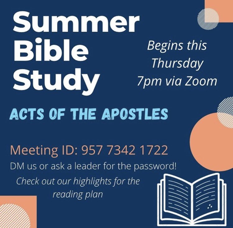 We want YOU to join us for our Summer Bible Study! Our first meeting is THIS Thursday! Dive in the Word with us weekly via zoom at 7pm!!