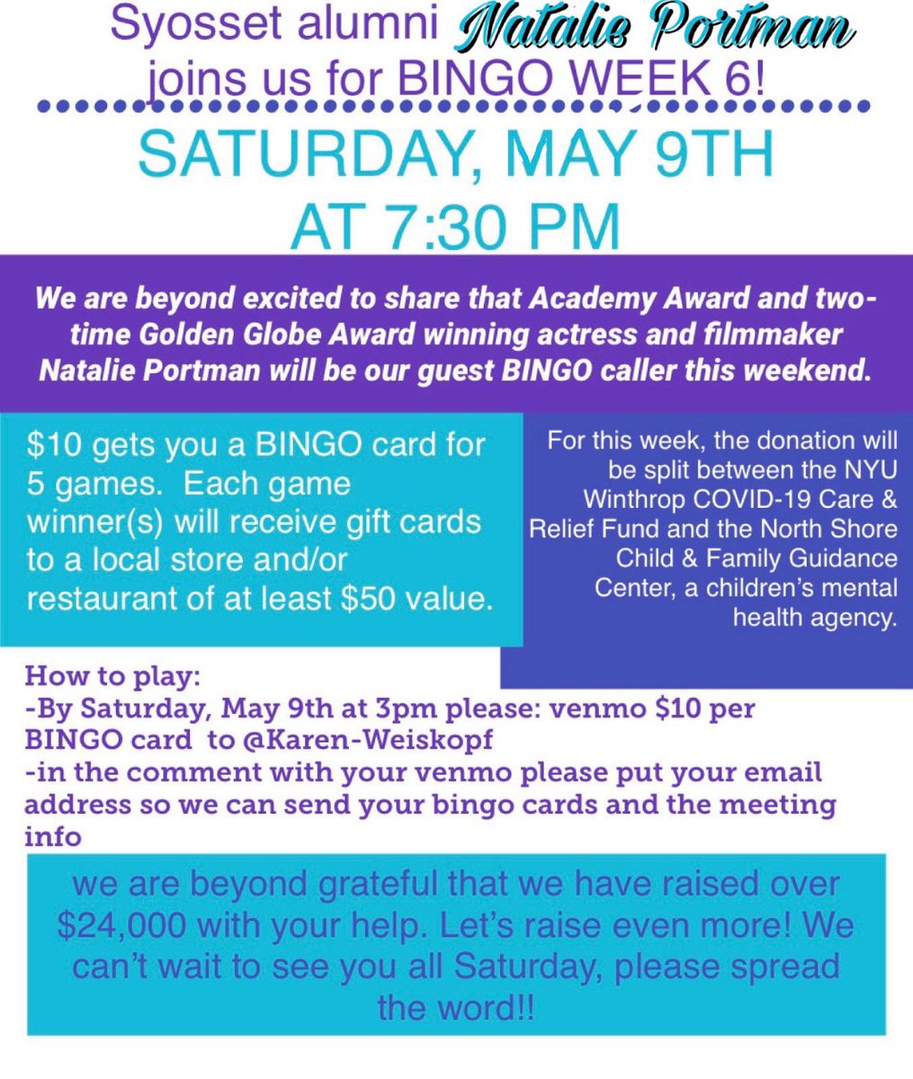 SharkCage's tweet photo. the excitement to join Natalie Portman for Syosset Bingo tonight has led to our highest weekly amount raised to date!  Which other famous former Syosset residents want to join next week?
@JuddApatow ?
@idinamenzel ? https://t.co/lSAUwHJ5sz