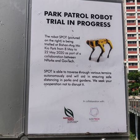 #Singapore is testing Spot robot from @BostonDynamics to monitor social distancing under #Covid_19 lockdown @GovTechSG @nparksbuzz