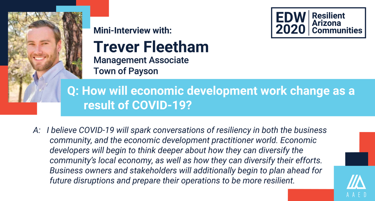 _AAED's tweet photo. It is the last day of #EconDevWeek! #aaedAZ is highlighting #resilientAZ Communities.

Our mini-interview with Trever Fleetham, Management Associate with the @paysonaz is now live!

Visit https://t.co/kGSmJlGr37 to read and share his full interview!

#EDW2020 #aztogether https://t.co/STa4DRepLN