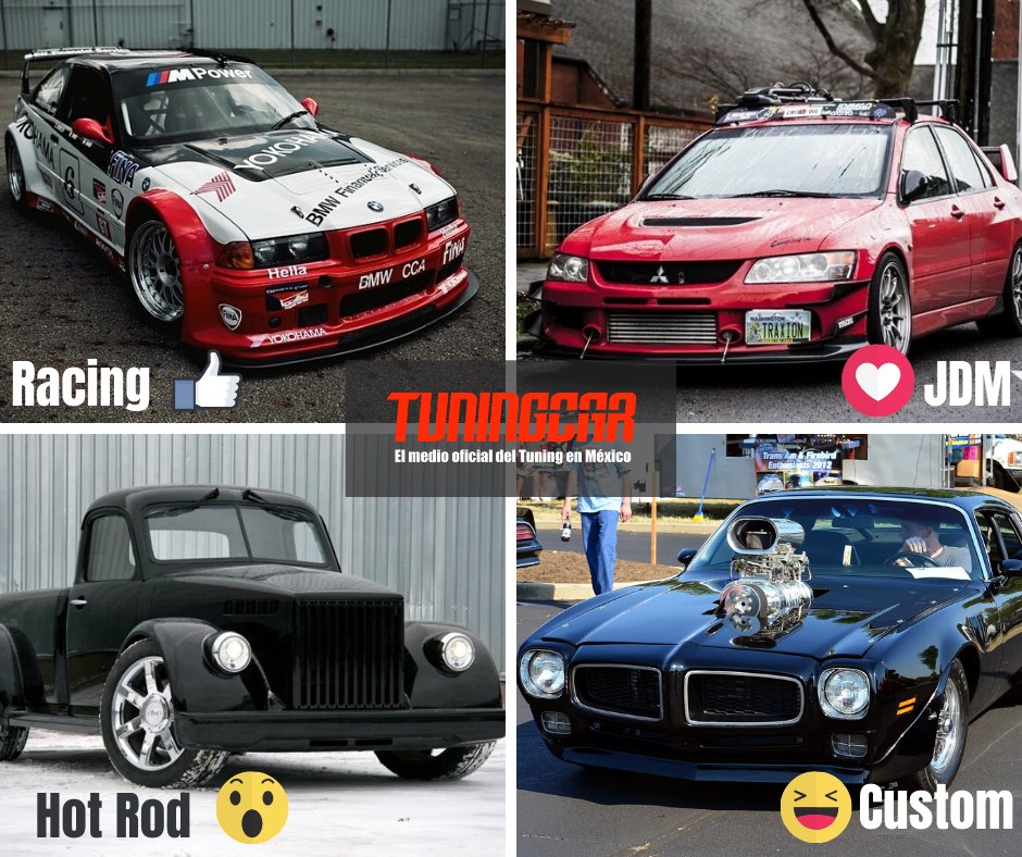 TuningNation's tweet photo. Amantes del #Tuning, ¿Queremos saber qué tipo de modificación les gusta más en en los autos?, ¿por cuál de estos estilos te inclinas? ¡Comenta! ¡Tu opinión es muy valiosa! 😎 #TuningFans #TuningCar
#Racing 👍🏻
#JDM♥️
#HotRod😯
#Custom 😆 https://t.co/X2bIfDDGPE
