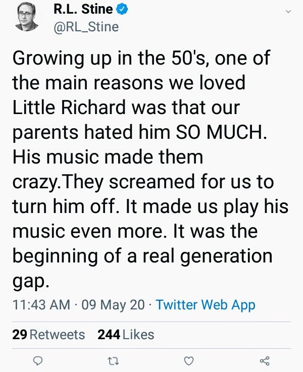 HMZHorror's tweet image. UPDATE: &quot;Founding Father of Rock&quot;  Little Richard, died at 87. #HorrorMasters Stephen King &amp;amp; R.L. Stine chimed in w/their condolences: 

King chimed:&quot;.... Gone but never forgotten..&quot;

Stine chimed: &quot;...parents hated [Little Richard] SO MUCH.. It made us play his music even more&quot;