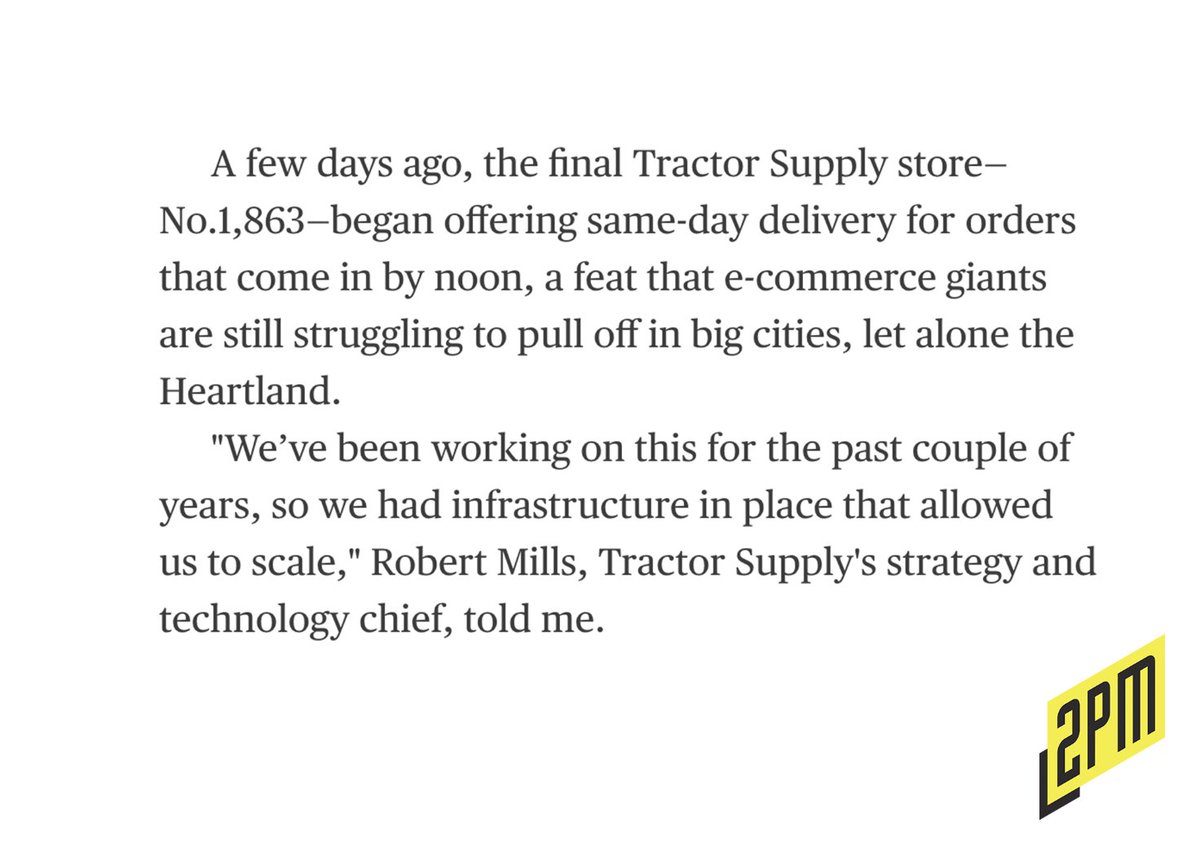 web's tweet photo. Tractor Supply is one of the most innovative retailers in America. 

With 1,844 locations, it now offers same day delivery — nation wide. 

Their stock is trading near all-time highs during a pandemic that has hurt most retailers. 

This retailer beat Amazon to the heartland. https://t.co/vJ6yh6b34b