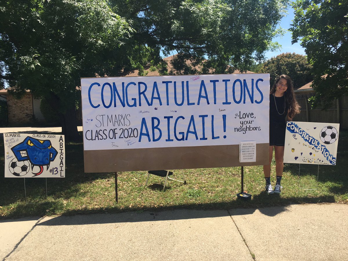 cahuggins's tweet photo. Incredible gesture by neighbors brought tears to my eyes. Niece Abigail, graduates St Mary’s University today. No walking across the stage... no yelling from family members in the audience... no throwing of the cap. Yet, her day is being celebrated!!! #happygrad #humanityshines https://t.co/xSmYlvrodJ