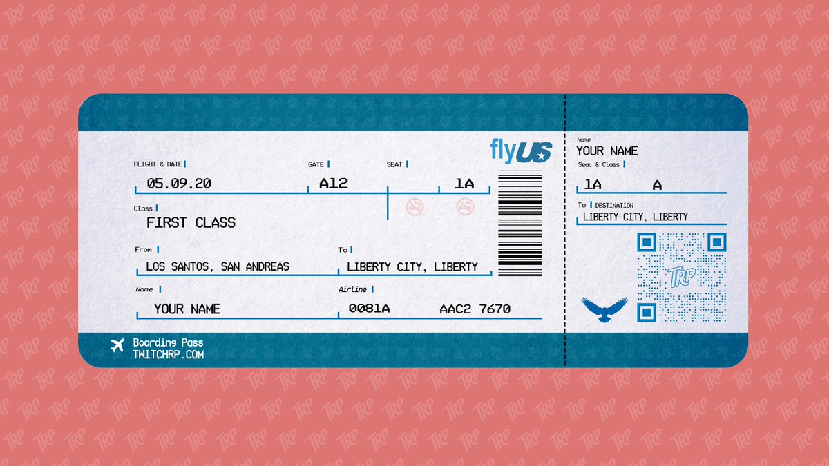 PlayTRP's tweet image. Still haven't booked your tickets to Liberty City? 🎫 Get your custom ticket to Liberty made now! Reply below with '[Your Character's Name] #TRPLiberty'