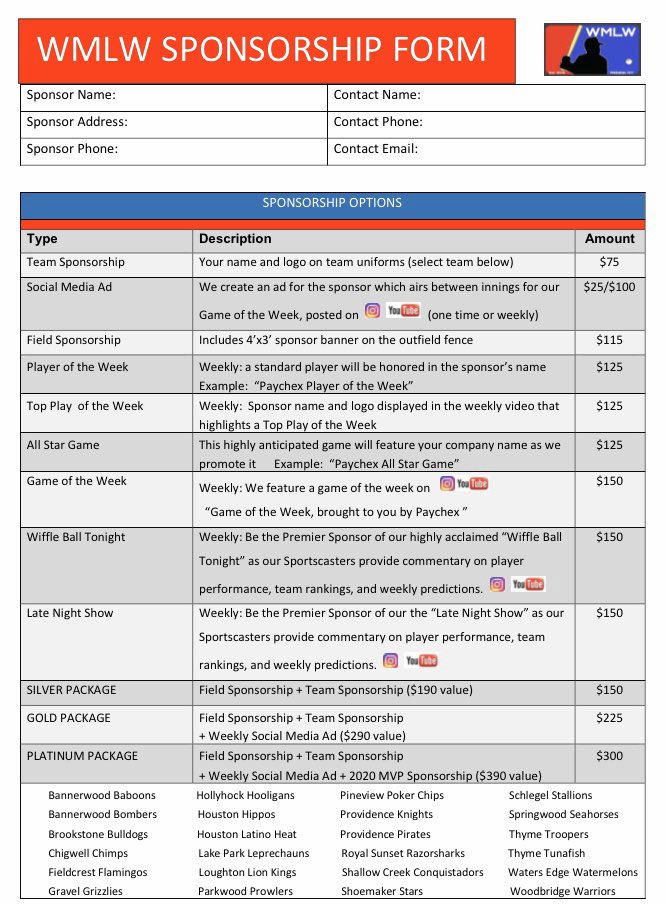 We are looking for 2020 sponsors for our Teams, Field, and other things that make our league special. Anyone can be a sponsor, companies, families, and friends.  Please share this opportunity which helps us cover the costs of our season.  

WMLW thanks you!