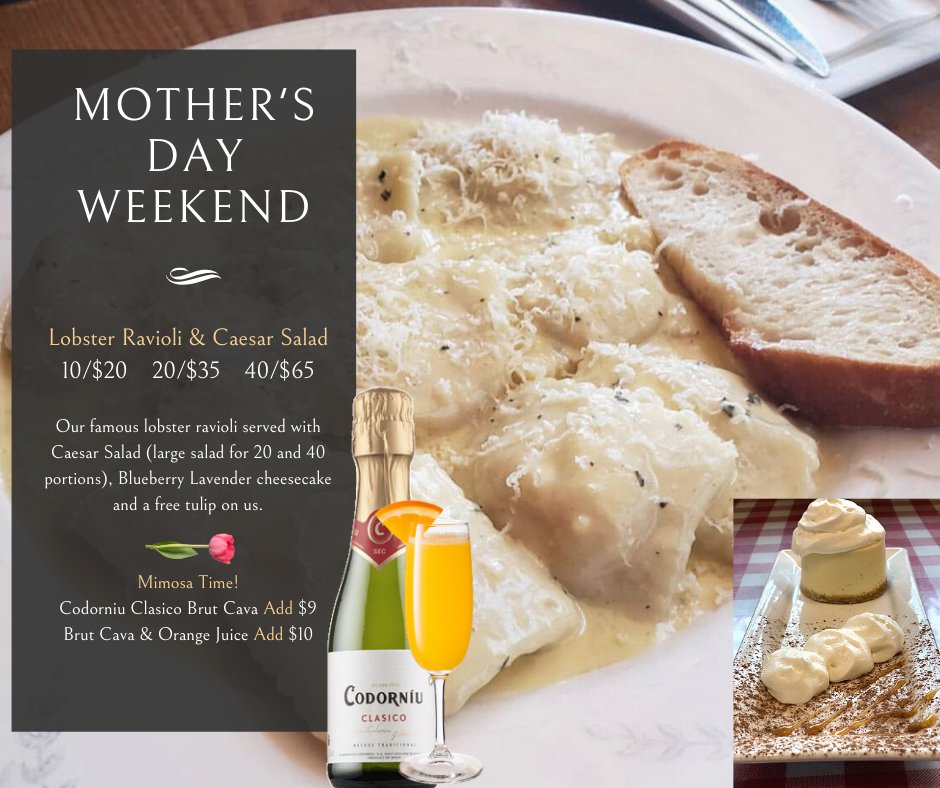 Check out our Mother's Day Weekend Feature...all weekend long. Call us anytime after 2:00 pm at (905) 990-5009 to order yours.  Make her a Mimosa: add $10.  Check out our full menu at papagiuseppes.com