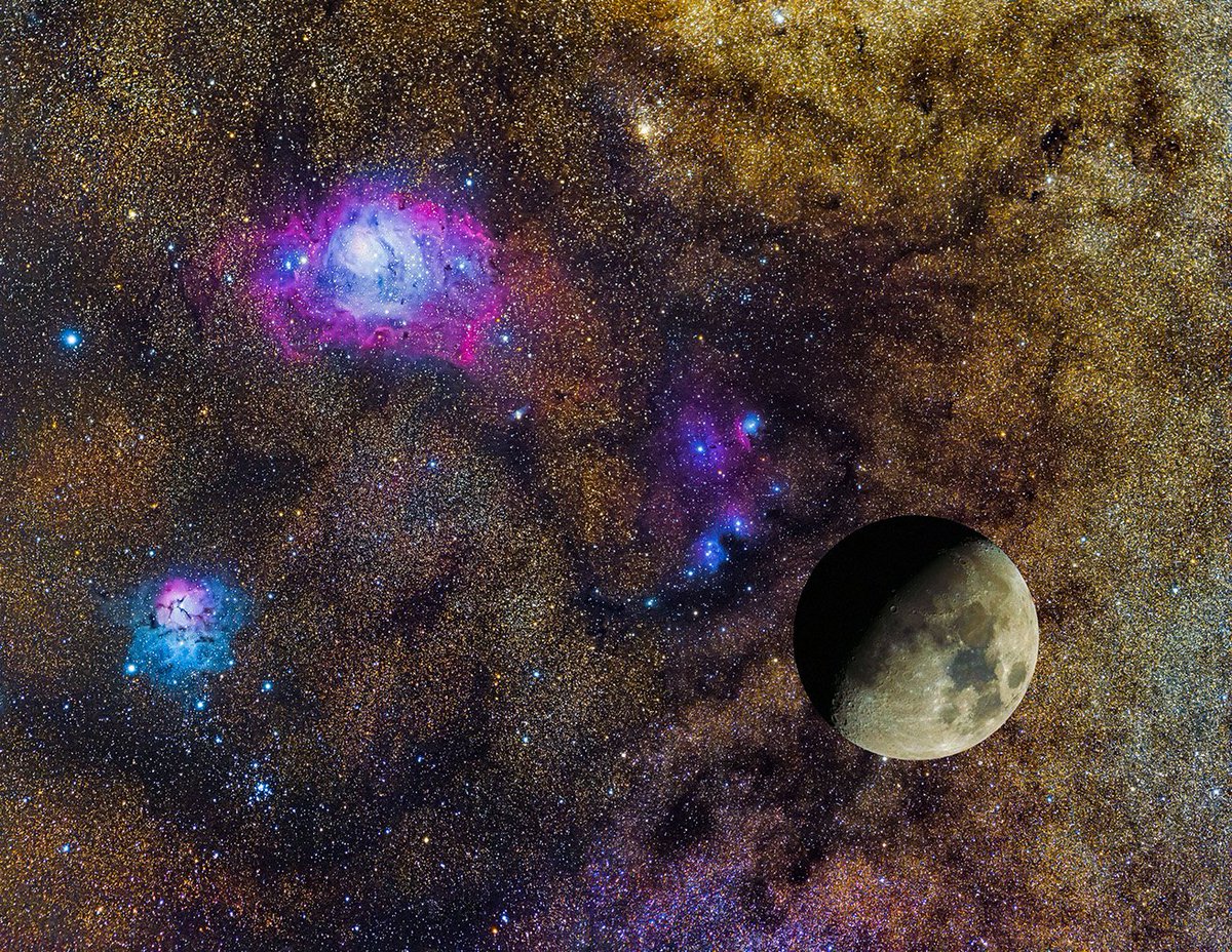 quarkmarc's tweet photo. The Lagoon nebula sits cozily in an ocean of stars highlighting dark nebula blotting out our view towards the galactic core. The Moon is added to emphasize the apparent size in the night sky. (3hr exposure with my ED80) #Astrophotography #Astronomy #iNeedASpaceShip https://t.co/j6b8kKcBlO