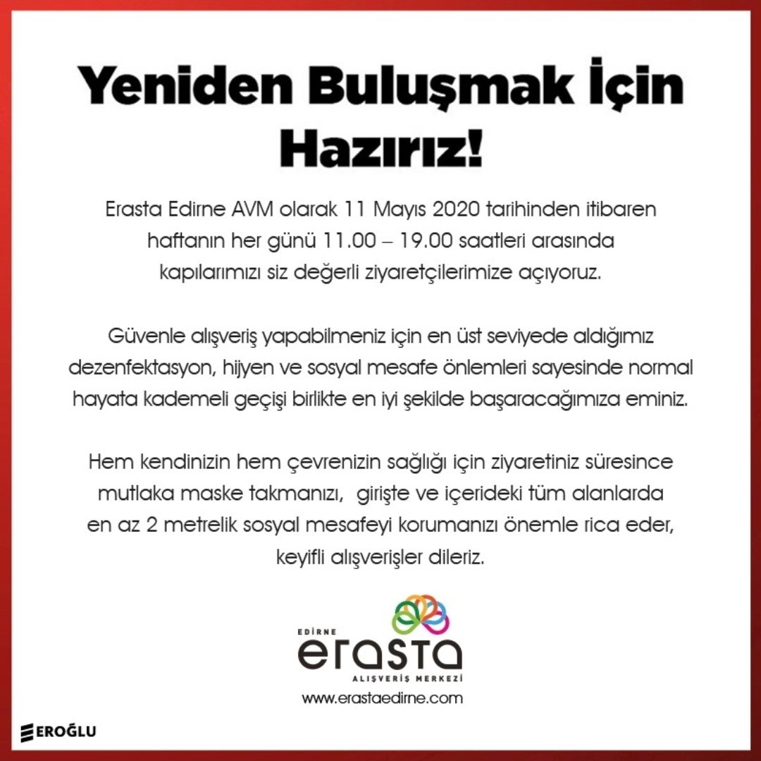 erastaedirneavm's tweet photo. Erasta Edirne AVM olarak 11 Mayıs 2020 tarihinden itibaren haftanın her günü 11:00 - 19:00 saatleri arasında kapılarımızı siz değerli ziyaretçilerimize açıyoruz.
⠀⠀⠀⠀⠀⠀⠀⠀⠀⠀
#erasta #edirne #erastaedirne #covid19 #eğlence #alışveriş https://t.co/iSfVWo3afH