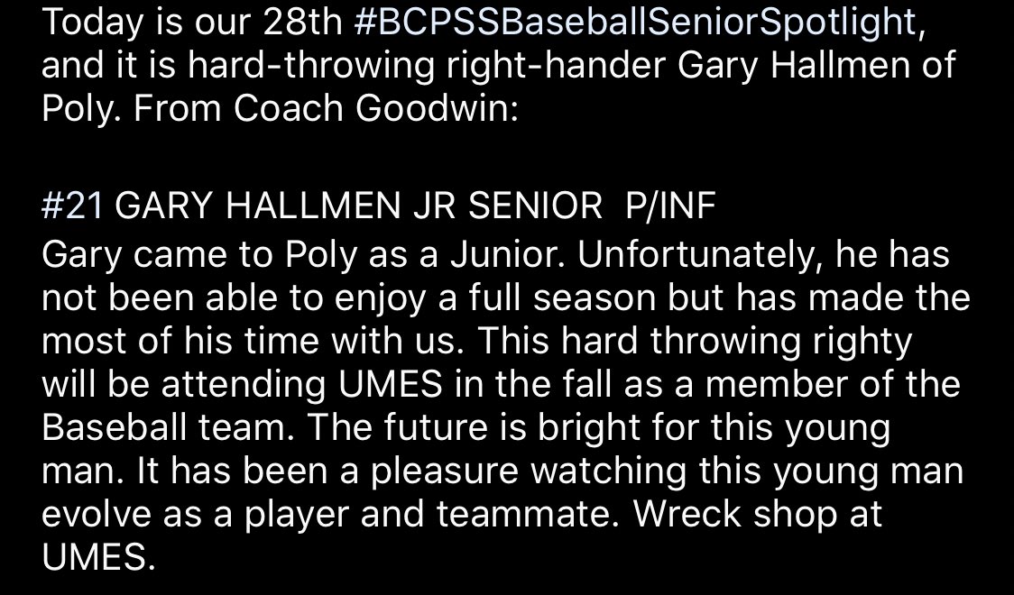 BCPSSBaseball's tweet photo. This spring, @BcpssAthletics Baseball Coaches have been highlighting the accomplishments of baseball seniors as they miss their final season of high school baseball. 

Today is our 28th #BCPSSBaseballSeniorSpotlight, and it is Gary Hallmen of Poly. From Coach Goodwin: https://t.co/XzB6u22opA