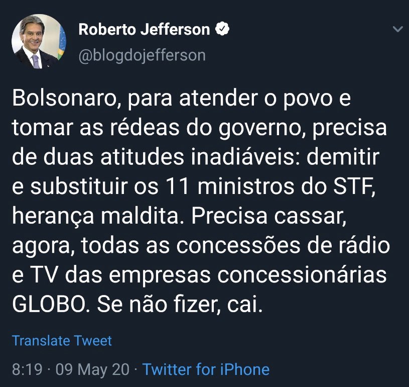 sigaoflavio's tweet photo. DE CRIME ELE ENTENDE! Depois de ser condenado no esquema do mensalão, Roberto Jefferson claramente prática o crime previsto no artigo 23, da lei de segurança nacional: “Incitar à subversão da ordem política ou social”. Que o Ministério Público não se acovarde. https://t.co/JkEkQIJyfm