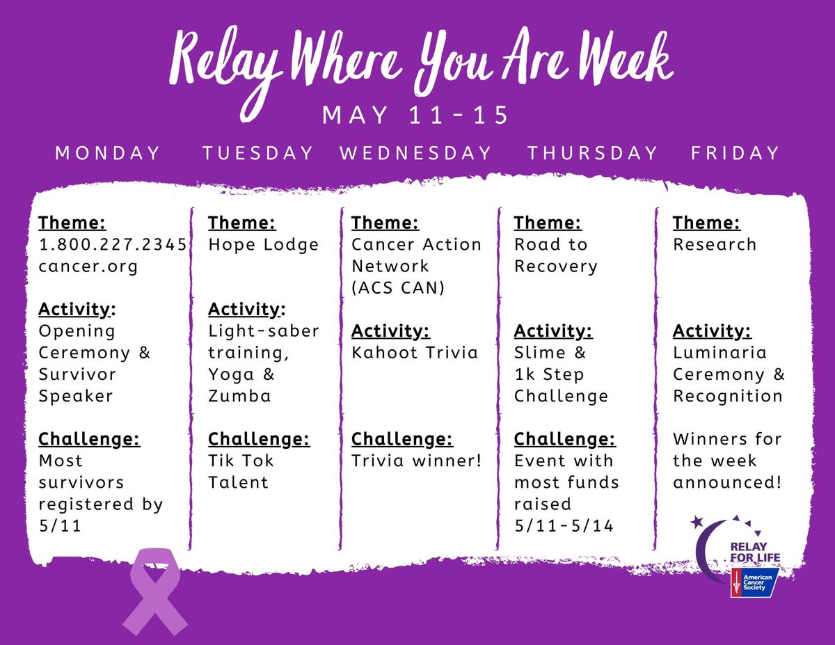 relay_nj's tweet photo. Here's an inside look of Central NJ Relay Where You Are Week! Central NJ is bringing the Spirit of Relay to your screens all week long! #RelayForLIfe #WhyIRelay #RelayWhereYouAre #BeTheChange #AmericanCancerSociety #AttackingCancerFromEVeryAngle #CancerDoesntStopNeitherWillWe https://t.co/mgneZsQBPl