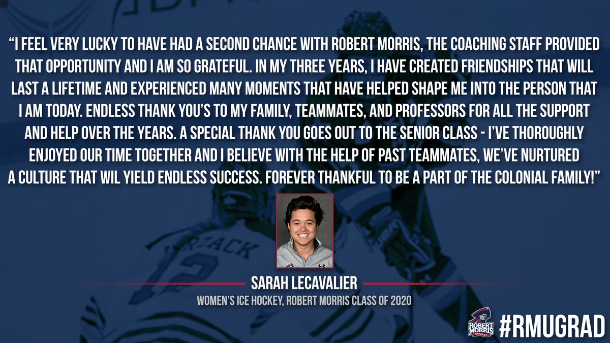 .<a href="/RMUWHockey/">RMU Women's Hockey</a>'s Sarah Lecavalier was given a second chance to continue her athletic career at <a href="/RMU/">Robert Morris University</a>, and she's grateful for that. 🗣️

#ColonialPride 🔵🎓🔴 #RMUgrad