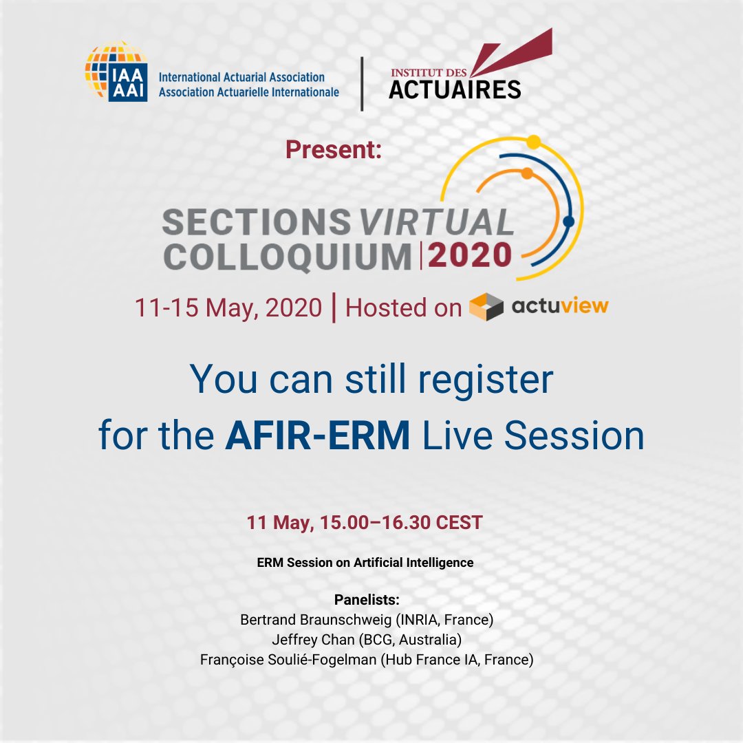 IntActuarial's tweet photo. #AFIRERM Section members! You can still register for the  #LiveSession on #ERM on #artificialintelligence on Monday, May 11, 2020. Be a part of the 1st #IAASections #VirtualColloquium hosted on actuview register at https://t.co/yw2Thcuw0g @actuaires_IA @actuview @Fersalitas https://t.co/QDIJa9erdJ