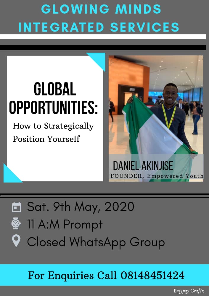 DanielAkinjise's tweet photo. Earlier today, I led a virtual training session with the youths of Glowing Mind/ Gidado on the topic, “How to strategically position yourself for global opportunities “ It was an engaging and insightful session. #empoweredyouths #covid19 # youths #development #tadinitiative https://t.co/BpWRekTVkW