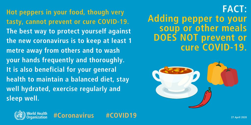 WHOWPRO's tweet photo. FACT: Adding pepper to your soup or other meals DOES NOT prevent or cure #COVID19 

#KnowTheFacts: ➡️ https://t.co/yJCcPDH6Q6 https://t.co/GDIQ52wn0O
