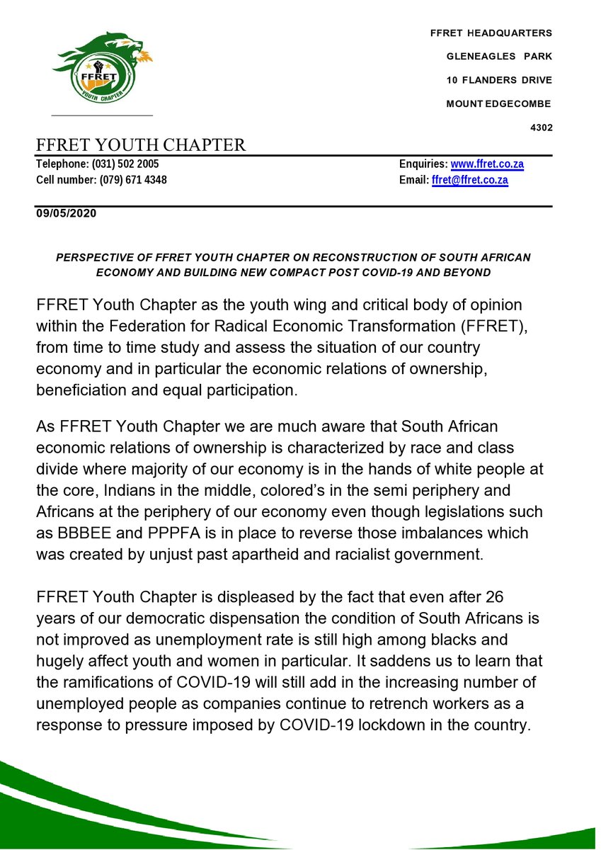 real_BBF's tweet photo. PERSPECTIVE OF FFRET YOUTH CHAPTER ON RECONSTRUCTION OF SOUTH AFRICAN ECONOMY AND BUILDING NEW COMPACT POST COVID-19 AND BEYOND
#FFRET
#RETManje
#Level5
#day44oflockdown https://t.co/QUMg7yN57R