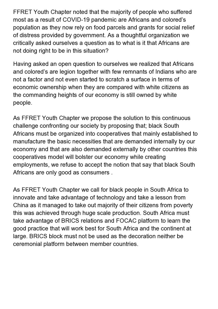 real_BBF's tweet photo. PERSPECTIVE OF FFRET YOUTH CHAPTER ON RECONSTRUCTION OF SOUTH AFRICAN ECONOMY AND BUILDING NEW COMPACT POST COVID-19 AND BEYOND
#FFRET
#RETManje
#Level5
#day44oflockdown https://t.co/QUMg7yN57R