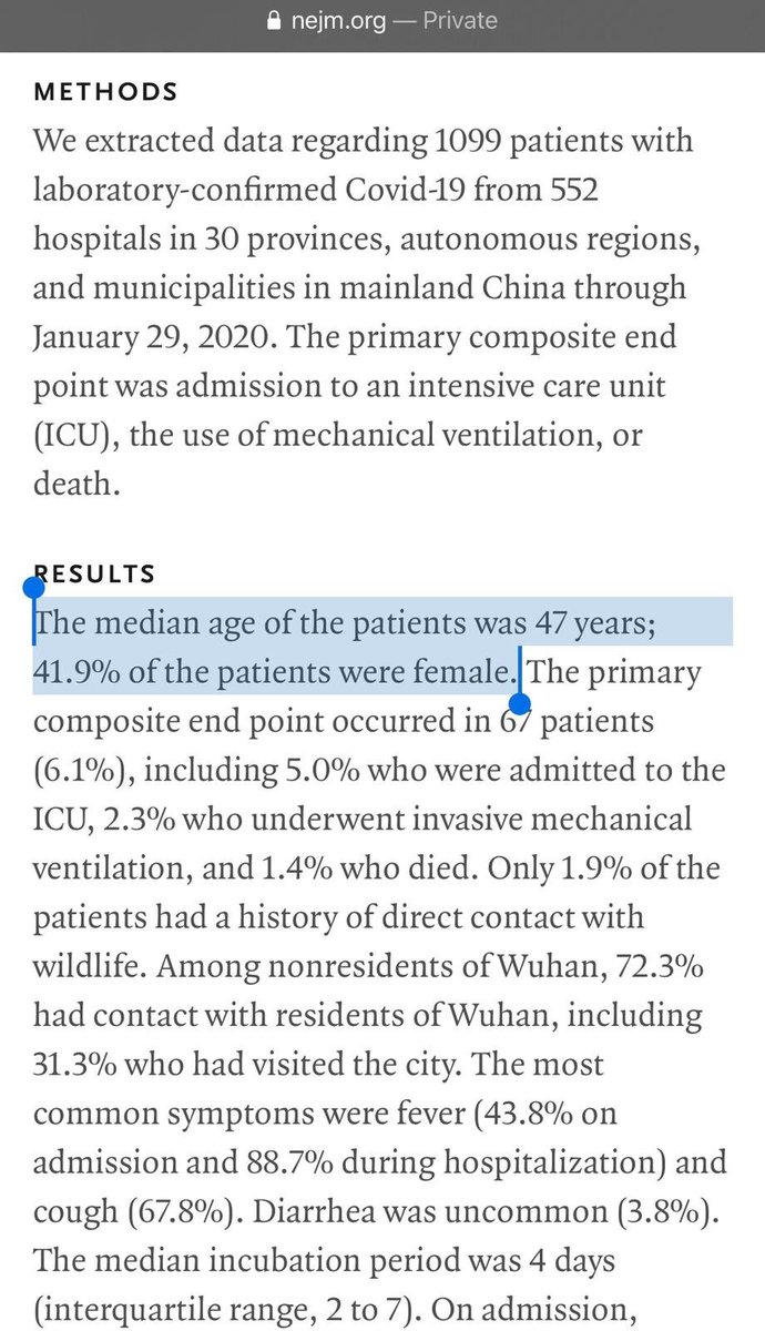So this then gets to the question of: how bad is this thing really? What is the rational level of risk aversion, given the last few months of data?Early reports from China put the median age of admitted patients at 47, with ~41% of severe cases under 50. https://www.nejm.org/doi/full/10.1056/NEJMoa2002032
