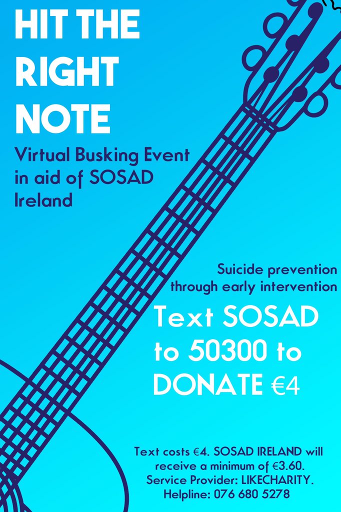 SOSAD_Ireland's tweet image. As part of the Hit The Right Note virtual fundraiser, we are asking for your support. Please text SOSAD to 50300 to donate €4. Thank you to everyone for the continued support during this crucial time.

#TogetherWithSOSAD #MentalHealth