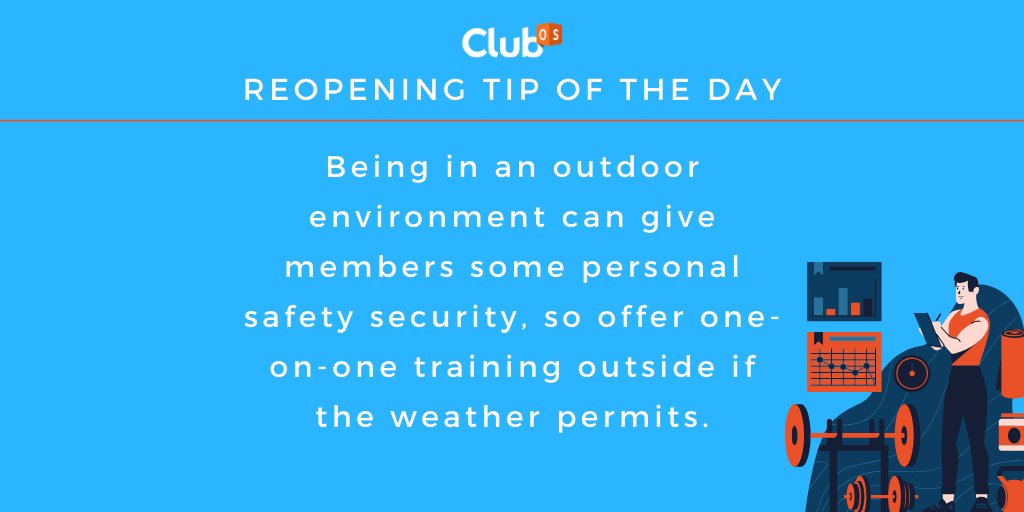 ClubOS's tweet image. Tip #6: Take the gym outside! If you have any more tips you would like for us to share with the rest of the fitness business community comment them below ⬇️ ow.ly/DoiR50zBeL3
#reopeninggyms #covid19 #exerciseoutside