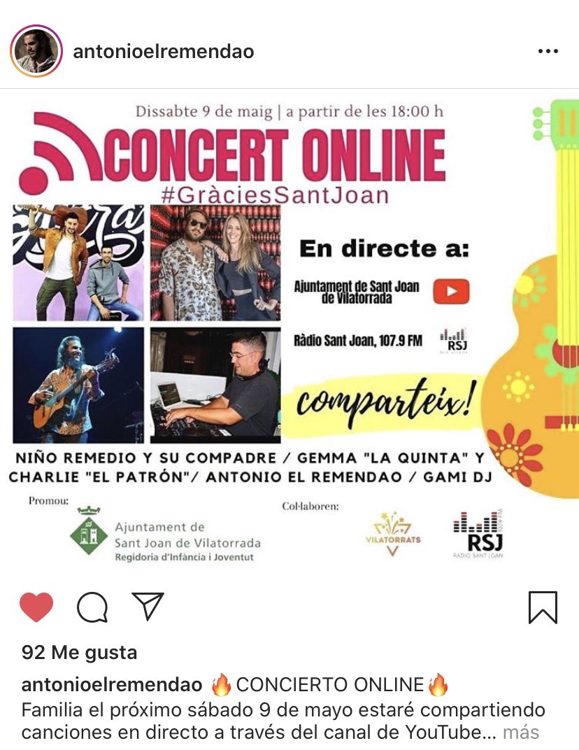 @elremendao concert on line #GràciesSantJoan avui 9 de maig a les 6 de la tarda.