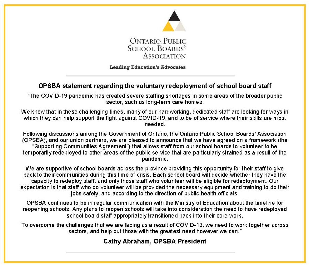 OPSBA's tweet photo. .@OPSBA statement regarding the voluntary redeployment of school board staff to other areas of the public service that are particularly strained as a result of the pandemic.
Government announcement here: https://t.co/os2rGqwA9Z
#OntEdTogether #onpoli #onted #OPSBAStatements https://t.co/rt4J4NCGlD