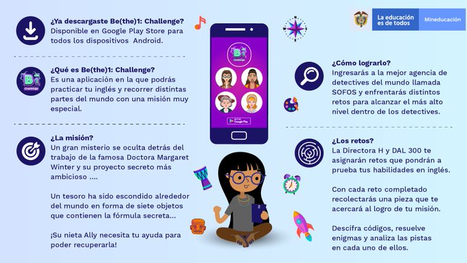 ¿Eres estudiante de grados 6 a 11? ¡Juega y fortalece tu inglés en casa con la herramienta digital #BeThe1Challenge! Descarga la app aquí ➡ bit.ly/2S2q3Z7