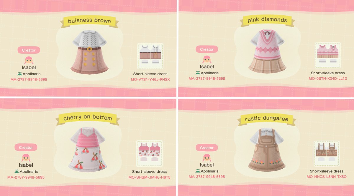 issabelley_ac's tweet photo. these are my other dresses i've designed, if you have any suggestions just dm me :) #AnimalCrossing #ACNH #animalcrossingdesigns https://t.co/q0CmCjL6eJ