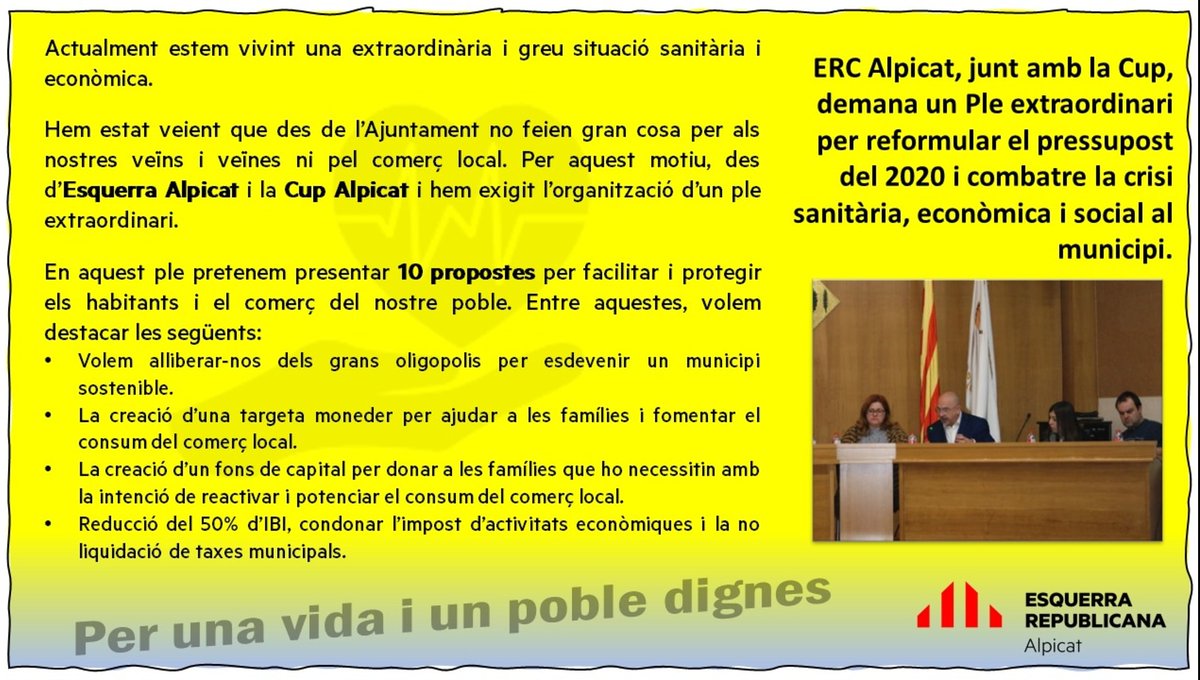 EsquerraAlpicat's tweet photo. ‼️Des dels grups d’Esquerra Republicana d’Alpicat i la CUP Alpicat hem demanat de caràcter 
urgent un Ple extraordinari per afrontar la situació i prendre mesures efectives davant la pandèmia de Covid-19. https://t.co/wtVZt5KMNQ