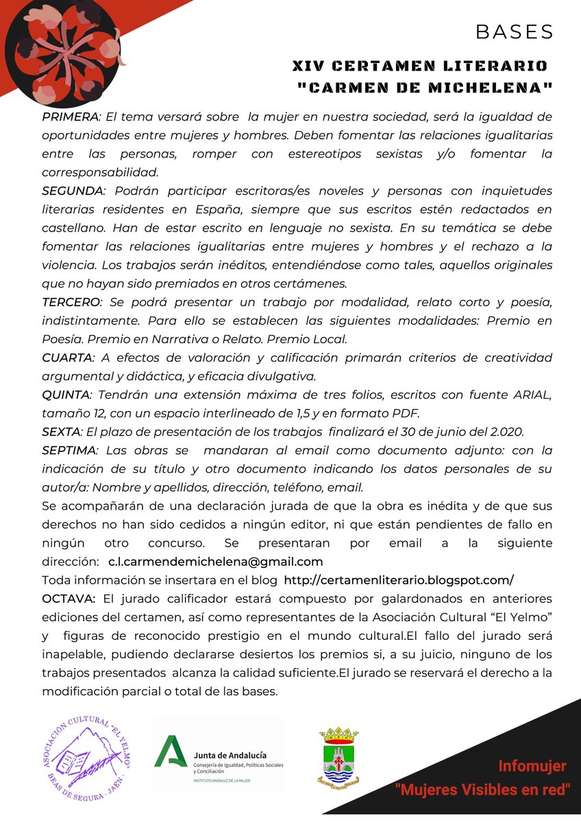 infoMujered's tweet photo. Convocado el XIV Certamen Literario Carmen de Michelena.
Compartir para que llegue a todo el mundo que le guste escribir. https://t.co/RpH2D0QYh8