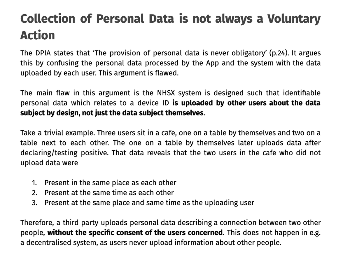 2: The DPIA states collecting personal data is always done voluntarily. It does not properly admit that this is not true: by design, the NHSX app works by other people uploading information about you, including third parties you were coloacted with.