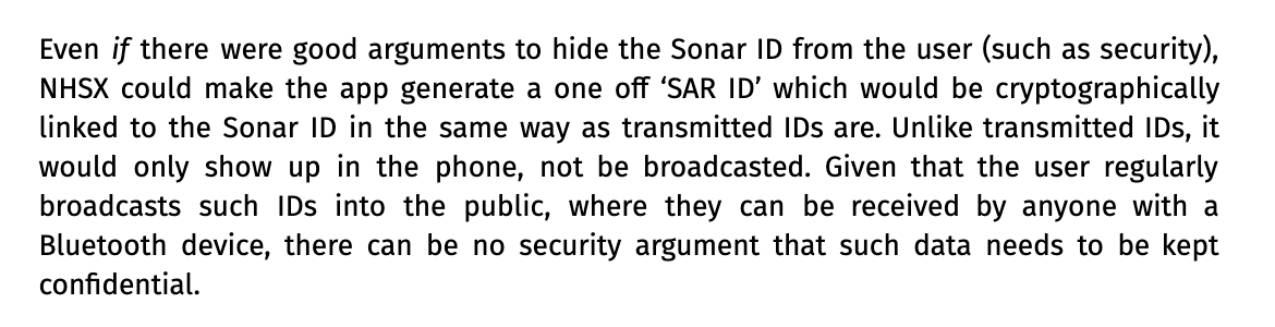 There is literally no reason for this. You emit data through Bluetooth all the time that NHSX will be able to reverse into your Sonar ID - this is not secret, or sensitive. It violated data protection by design, which obliges building in data rights, not designing them out.