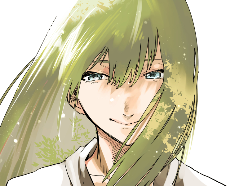 enkidu (fate) solo green hair long hair androgynous smile white background looking at viewer  illustration images