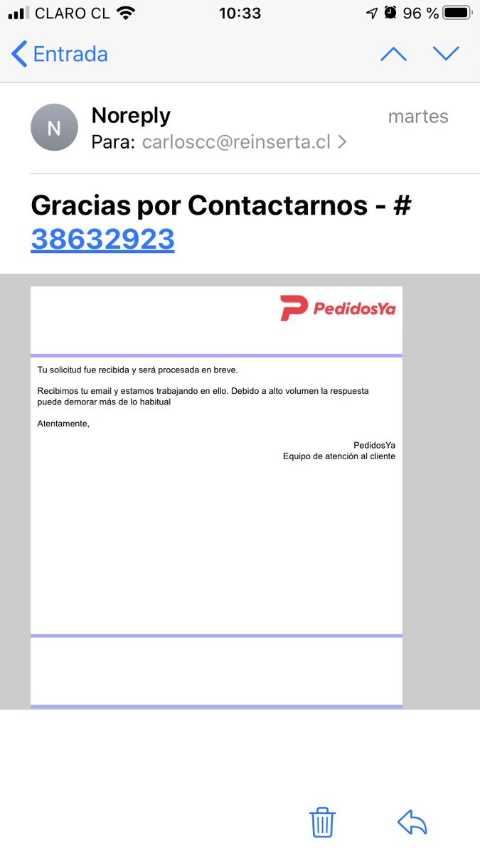 CarCastro's tweet photo. @pedidosya quiero saber qué pasa con mi caso, me realizaron un cobro que nunca llegó a la tienda ni a mi el pedido esto pasó el 4 del 5 ya mande 3 correos y solo responden lo que adjunto y no pasa nada. Cuando tendré una respuesta y tengo que demandar ? https://t.co/vObZOe9SSj